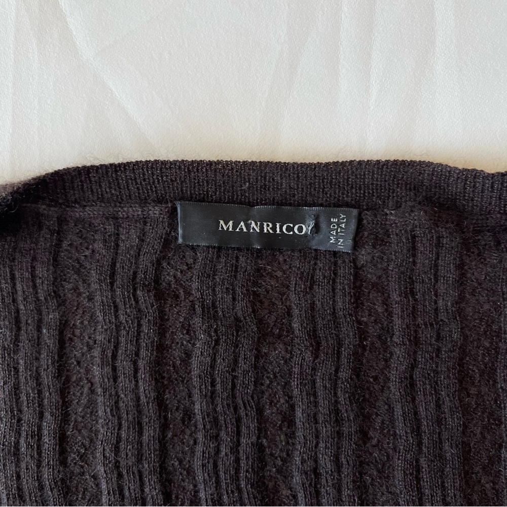 MANRICO CASHMERE SILK CREW NECK SWEATER BUTTON BROWN CABLE KNIT - Picture 5 of 15